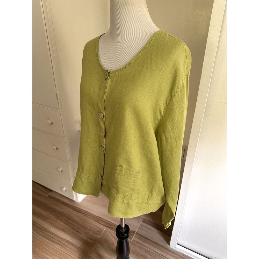 FLAX Womens Green Woven Linen Lagenlook Boho Long Sleeve Button Up Top Sz L - Picture 8 of 10